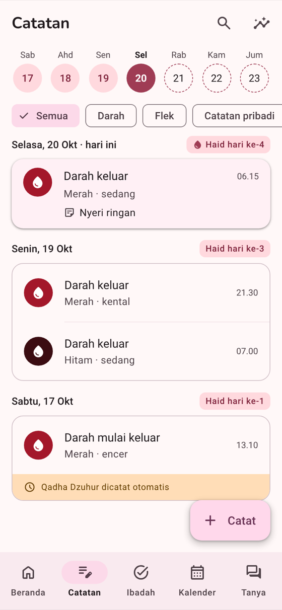 Layar Catatan Bulanku: riwayat catatan per hari dengan status