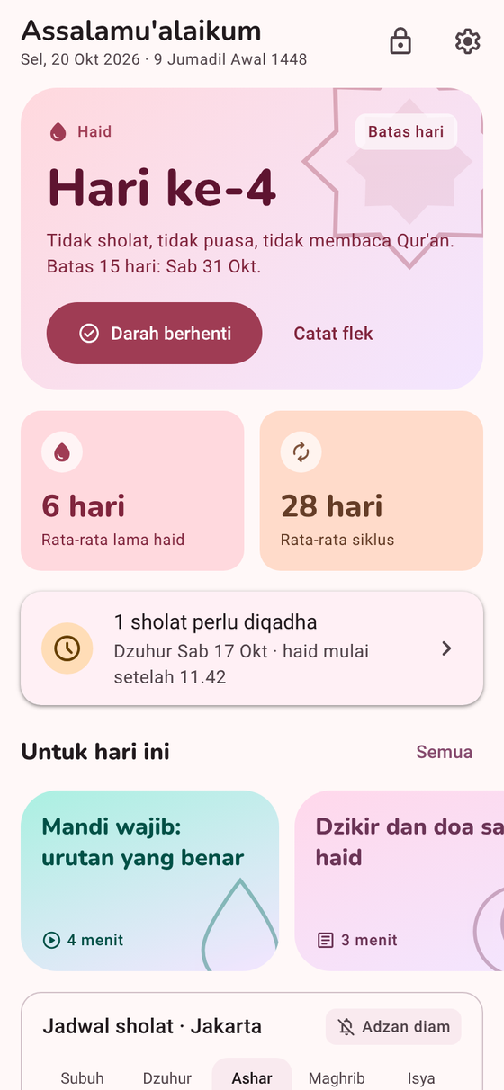 Layar Beranda Bulanku: kartu status Hari ke-4, ringkasan siklus, qadha sholat, dan jadwal sholat
